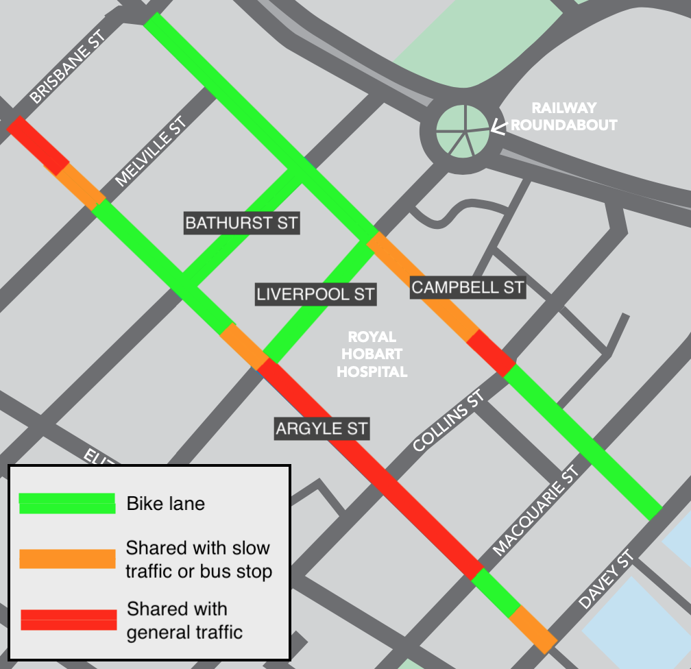 A map highlighting sections of Campbell, Argyle, Liverpool and Bathurst streets in Hobart planned for new bike lanes