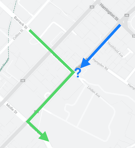 A diagram showing a route using the bike lane being built and a route using an alternative bike lane in the next block