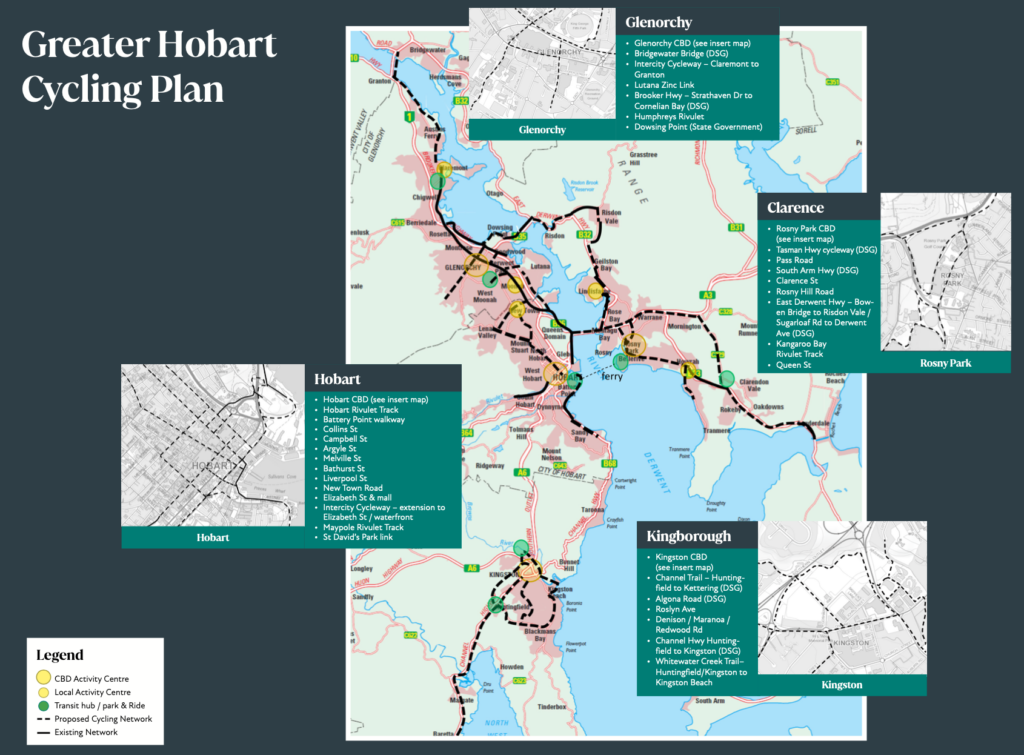 A list and map showing planned cycling routes in greater Hobart Tasmania