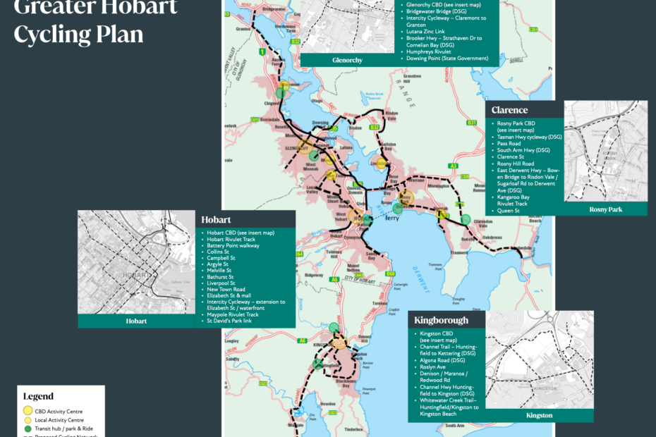 A list and map showing planned cycling routes in greater Hobart Tasmania