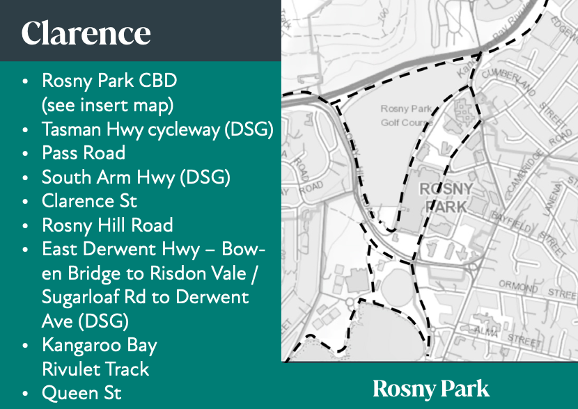 A list and map showing planned cycling routes in Clarence Tasmania
