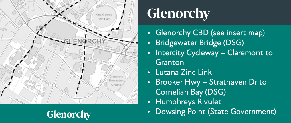A list and map showing planned cycling routes in Glenorchy Tasmania