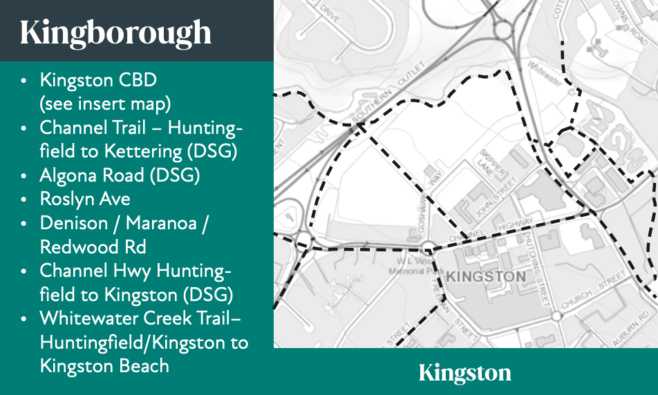 A list and map showing planned cycling routes in Kingborough Tasmania