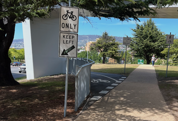 A photo of the shared path passing under the eastern end of the Bridge of Remembrance. There's a bike only sign, a keep left sign, a give way to pedestrians sign and a shared use path sign. The keep left sign points off the path towards a tree and a bridge pylon.