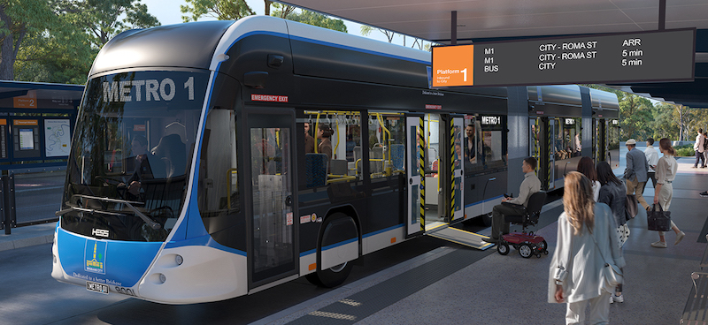 Passengers getting on to a Brisbane Metro bused stopped at a station