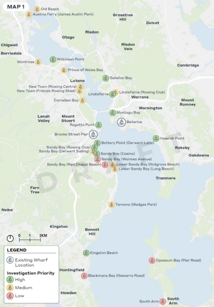 A map of the Derwent River near Hobart showing the two existing ferry wharf locations plus many additional wharf locations investigated as potential future sites. The investigated sites are shown as high, medium or low priority.