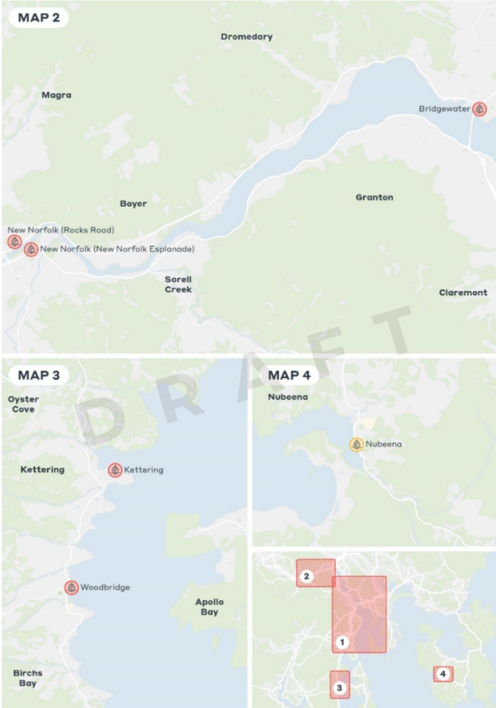 Maps of the Derwent River above Bridgewater, the D'Entrecasteaux Channel and Storm Bay showing wharf locations investigated as potential future sites each of which is shown as high, medium or low priority.