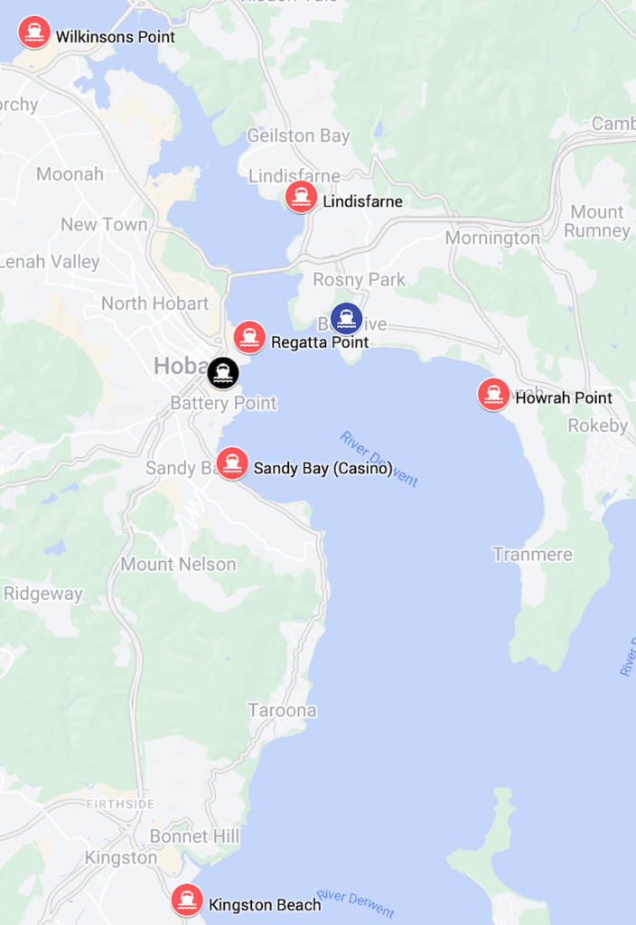 A map of the Derwent River showing the existing ferry wharves at Brooke Street Pier and proposed wharves at Wilkinsons Point, Lindisfarne, Regatta Point, Howrah Point, Sandy Bay (Casino) and Kingston Beach.