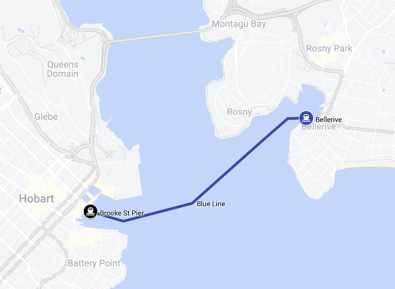 A map showing the current ferry route on the Derwent River between Bellerive and Brooke Street Pier in the city.
