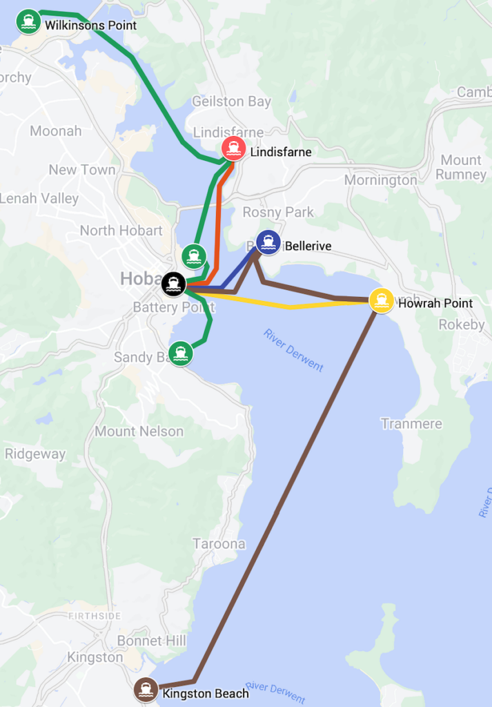 A map of the Derwent River showing five ferry routes. The Blue Line between Bellerive and Brooke Street Pier in the city. The Red Line between Lindisfarne and Brooke Street Pier. The Yellow Line between Howrah Point and Brooke Street Pier. The Green Line between Wilkinsons Point, Lindisfarne, Regatta Point, Brooke Street pier and Sandy Bay (Casino). The Brown Line between Kingston Beach, Howrah Point, Bellerive and Brooke Street Pier.