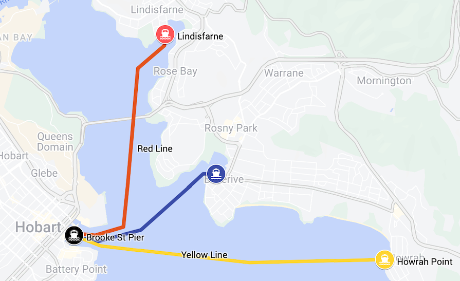 A map of the Derwent River showing three ferry routes. The Blue Line between Bellerive and Brooke Street Pier in the city. The Red Line between Lindisfarne and Brooke Street Pier. The Yellow Line between Howrah Point and Brooke Street Pier.