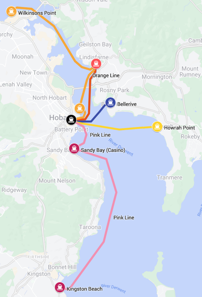 A map of the Derwent River showing five ferry routes. The Blue Line between Bellerive and Brooke Street Pier in the city. The Red Line between Lindisfarne and Brooke Street Pier. The Yellow Line between Howrah Point and Brooke Street Pier. The Orange Line between Wilkinsons Point, Lindisfarne, Regatta Point and Brooke Street pier. The Pink Line between Kingston Beach, Sandy Bay (Casino) and Brooke Street Pier.