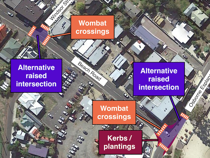 A satellite view of Beach Road and Osborne Esplanade in Kingston Beach. It shows the sites of the alternative changes including multiple wombat crossings, alternative raised intersections and new kerbs or plantings.