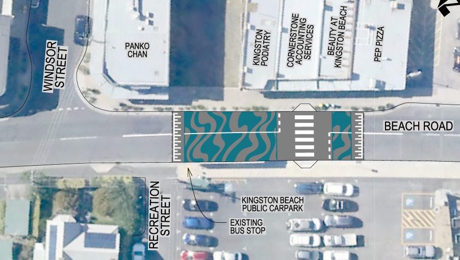 Overhead view showing a proposed wombat crossing on Beach Road, Kingston Beach.