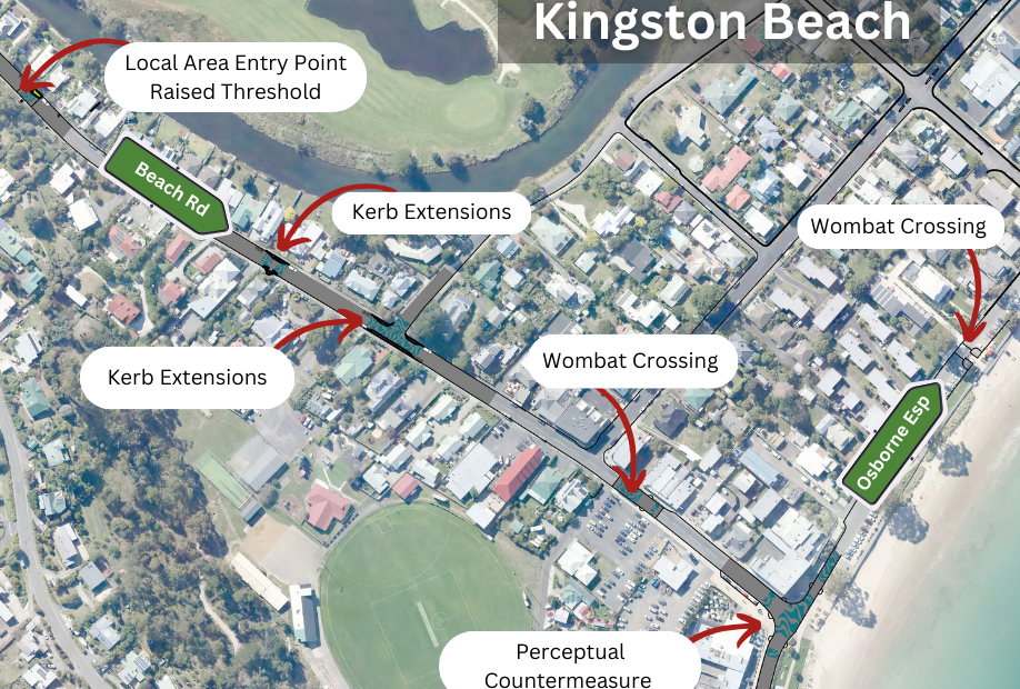 A satellite view of Beach Road and Osborne Esplanade in Kingston Beach. It shows the sites of the proposed changes including a raised threshold, kerb extensions, wombat crossings and a perceptual countermeasure.