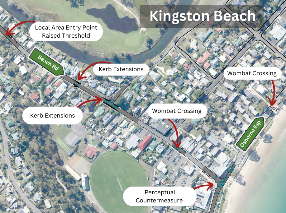 A satellite view of Beach Road and Osborne Esplanade in Kingston Beach. It shows the sites of the proposed changes including a raised threshold, kerb extensions, wombat crossings and a perceptual countermeasure.