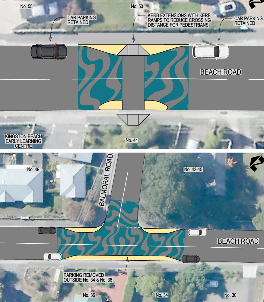 Overhead view showing kerb extensions proposed on two sections of Beach Road, Kingston Beach.