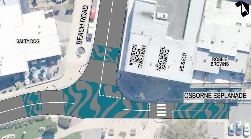 Overhead view showing a proposed fancy paint job at the intersection of Beach Road and Osborne Esplanade, Kingston Beach.