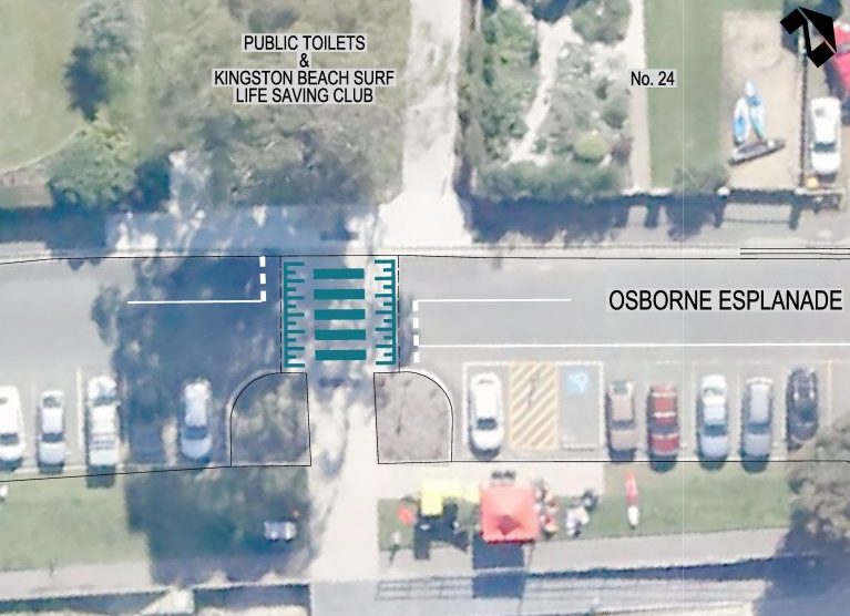 Overhead view showing additional lines to be painted on an existing raised pedestrian crossing on Osborne Esplanade, Kingston Beach.