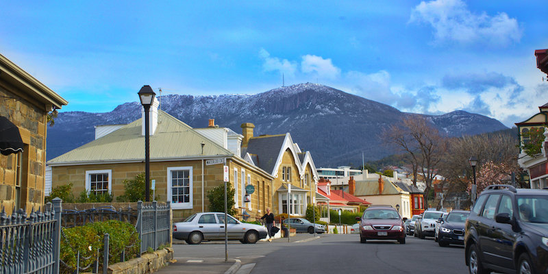 A snow covered kunanyi / Mount Wellington as viewed from Hampden Road in Battery Point