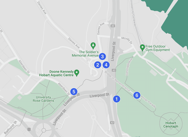 A map showing the area around the Bridge of Remembrance in Hobart with six points marked