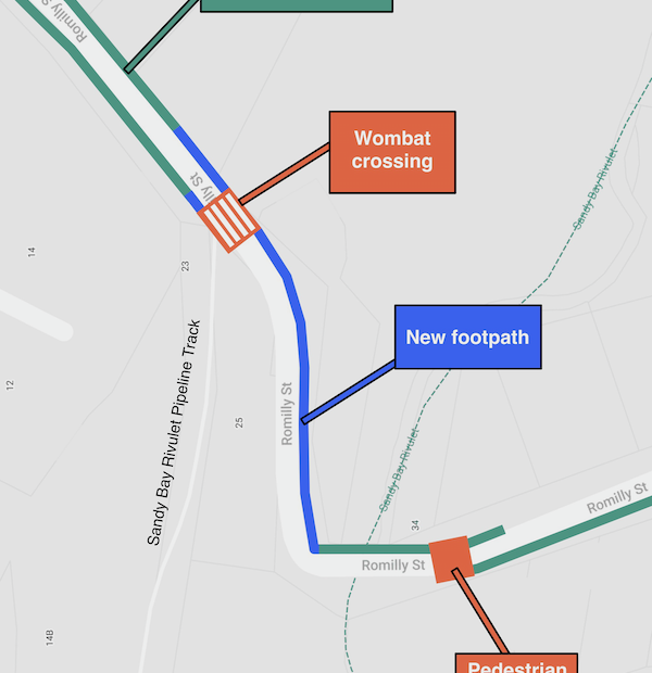 A map of Romilly St showing a new footpath, wombat crossing and pedestrian crossing point, in addition to existing footpaths