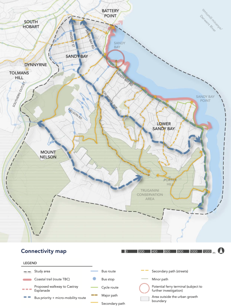 A map showing a plan of transport routes in Sandy Bay and Mount Nelson for walking, cycling and buses