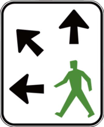 A scramble crossing sign showing a green pedestrian with three arrows indicating the directions they can cross: left, diagonally and forward.