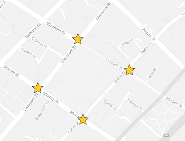 A map showing the locations of the four intersections in the Hobart CBD where scramble crossings are being trialled.