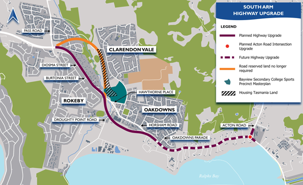 A map showing the proposed upgrade to Rokeby & South Arm Roads.