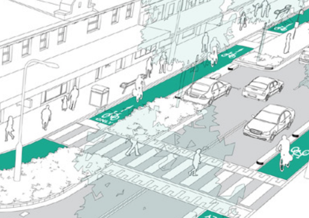 A diagram showing a raised pedestrian crossing across a street. The street has two lanes of general traffic, two kerb-side physically separated bike lanes and a lane which alternates between parking and plantings.