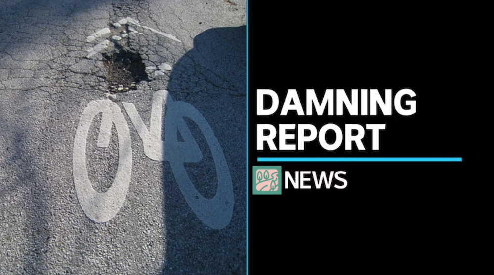 A photo of a road with a pothole in the middle of a bike sharrow. Next to it is the headline 'Damning Report'. It seems to be from Hobart Streets News though it looks suspiciously like something a national broadcaster might produce.