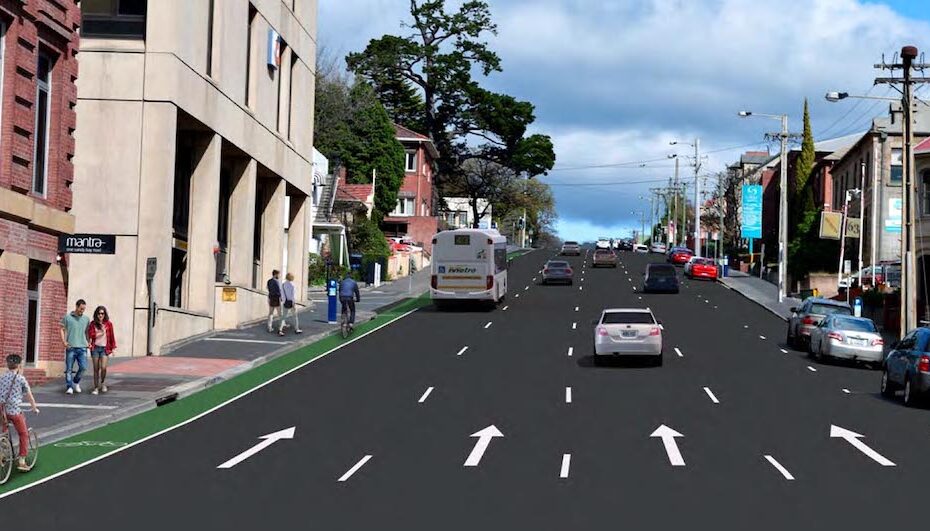 An artist's impression of a bike lane that is being added to Davey Street in Hobart. There is a green painted bike alne along the far left of the road. There is no separation between traffic and the bike lane.