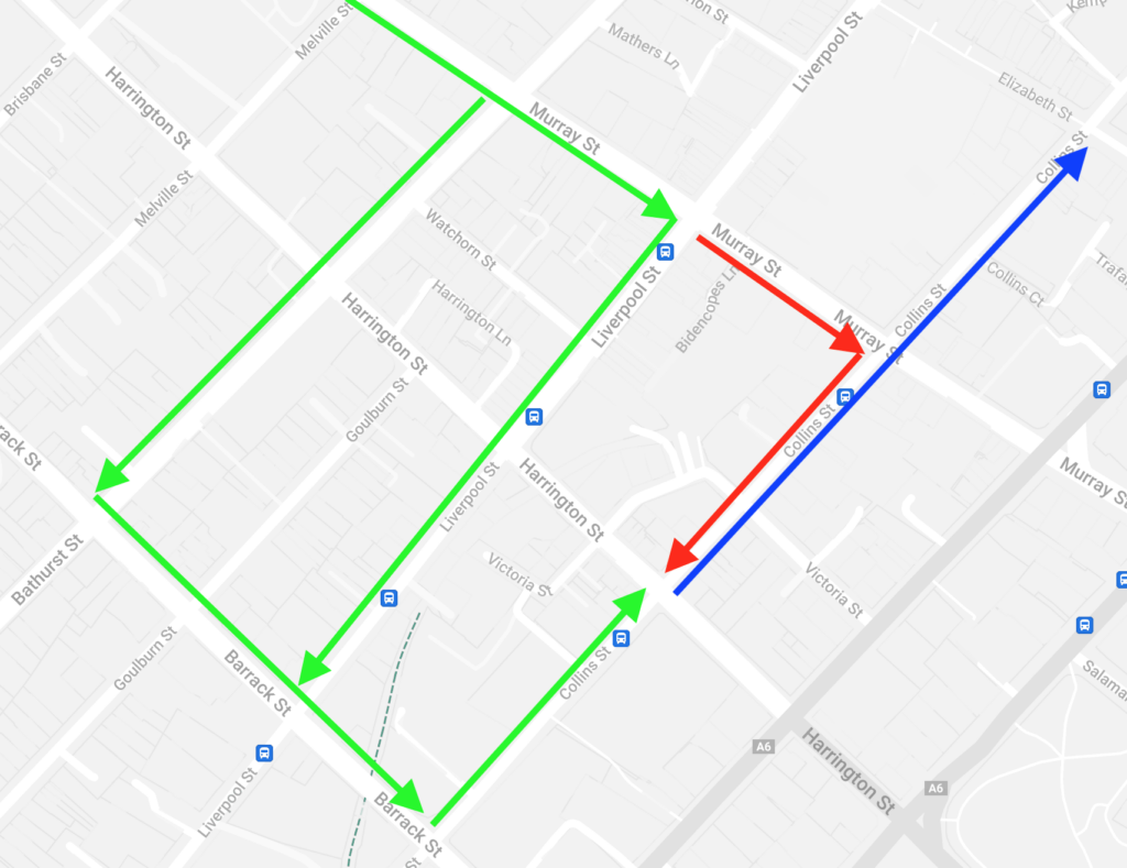 A map of Hobart's CBD. There's a blue arrow on Collins Street from Harrington to Elizabeth. There's red arrows on Murray Street from Liverpool to Collins and on Collins Street from Murray to Harrington. There's green arrows along Liverpool and Bathurst Streets to Barrack.