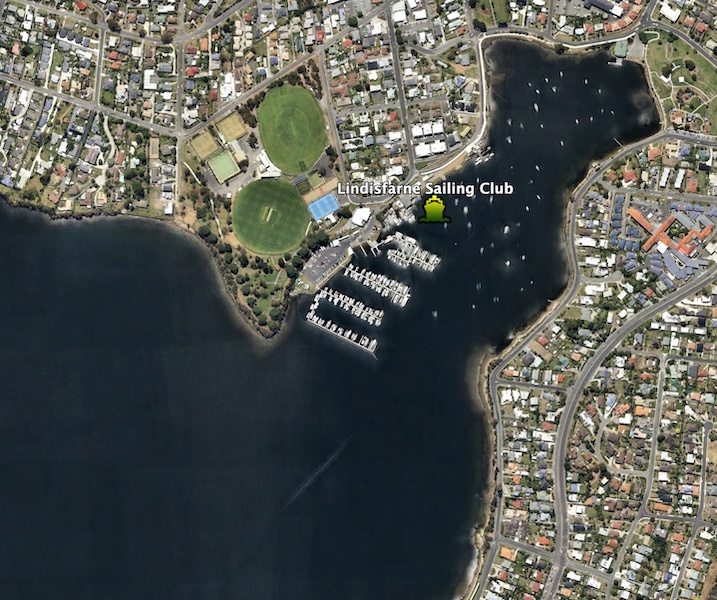 Satellite view of the Derwent River showing the planned ferry terminal at Lindisfarne Sailing Club.