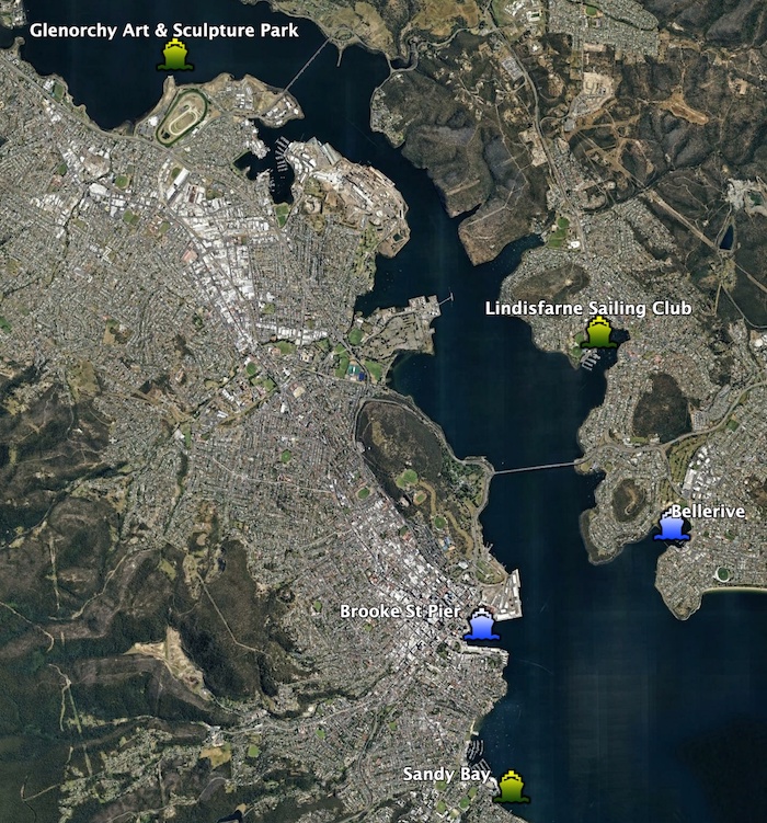 Satellite view of Hobart and the Derwent River showing planned ferry terminals at Glenorchy Art & Culture Park, Lindisfarne Sailing Club and Sandy Bay. Existing ferry terminals at Brooke St pier and Bellerive are also shown.