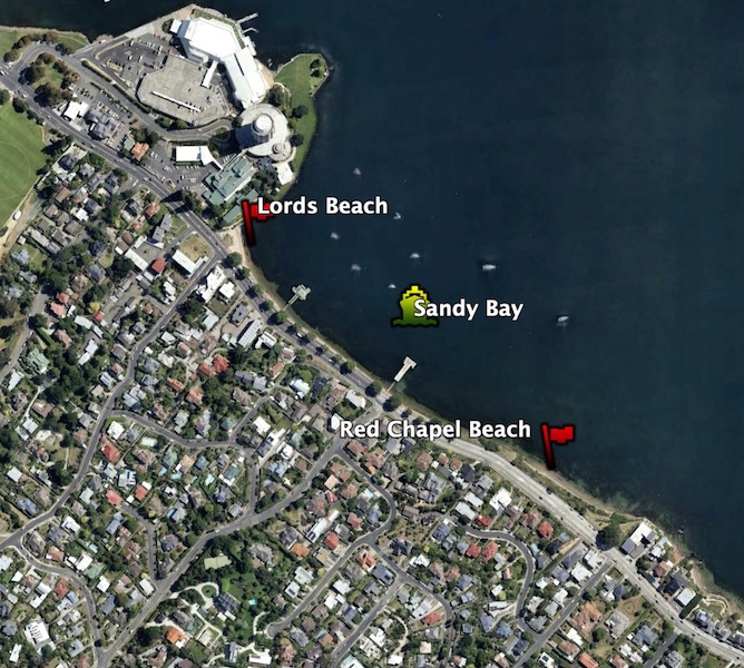 Satellite view of the Derwent River showing the planned ferry terminal at Sandy Bay between Lords Beach and Red Chapel Beach.