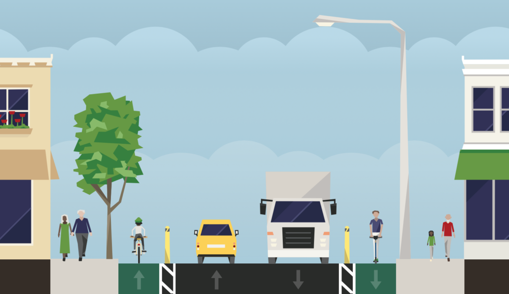 A diagrammatic cross section of a street showing a footpath, a bike lane protected by a bollard, two driving lanes, a second bike lane protected by a bollard and a second footpath