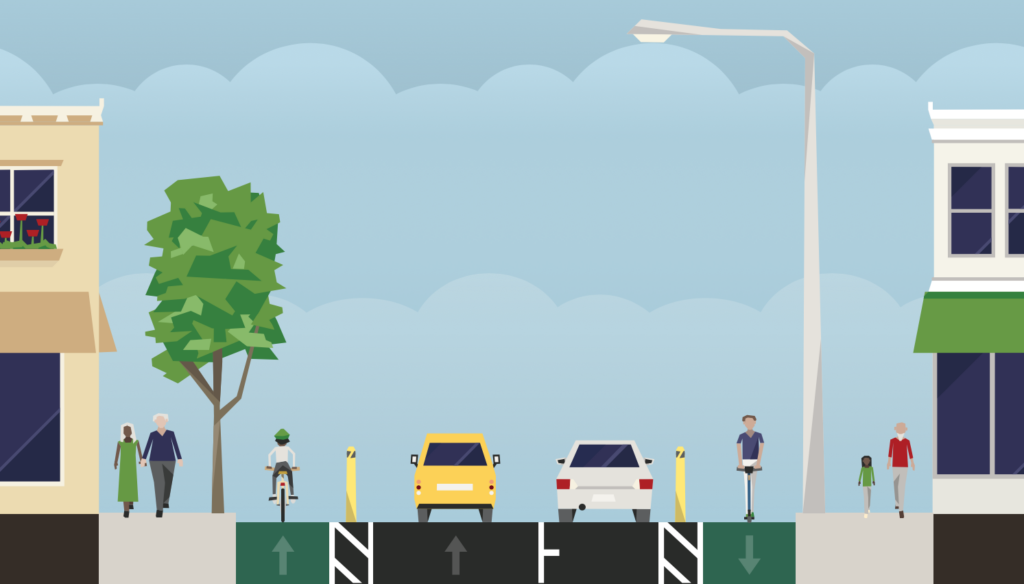 A diagrammatic cross section of a street showing a footpath, a bike lane protected by a bollard, a driving lane, a parking lane, a second bike lane protected by a bollard and a second footpath