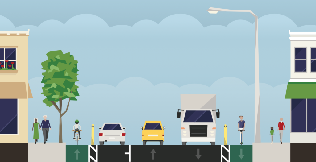 A diagrammatic cross section of a street showing a footpath, a bike lane protected by a bollard, a parking lane, two driving lanes, a second bike lane protected by a bollard and a second footpath