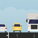 A diagrammatic cross section of a street showing a footpath, a bike lane protected by a bollard, a parking lane, two driving lanes, a second bike lane protected by a bollard and a second footpath