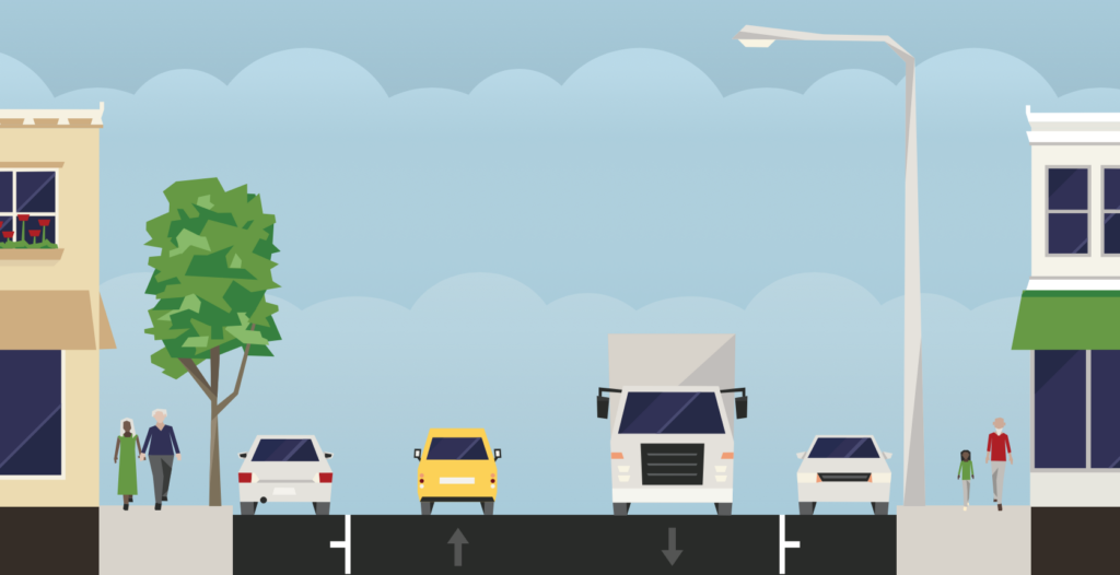 A diagrammatic cross section of a street showing a footpath, a parking lane, two wide driving lanes, a second parking lane and a second footpath