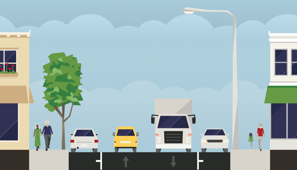 A diagrammatic cross section of a street showing a footpath, a parking lane, two driving lanes, a second parking lane and a second footpath