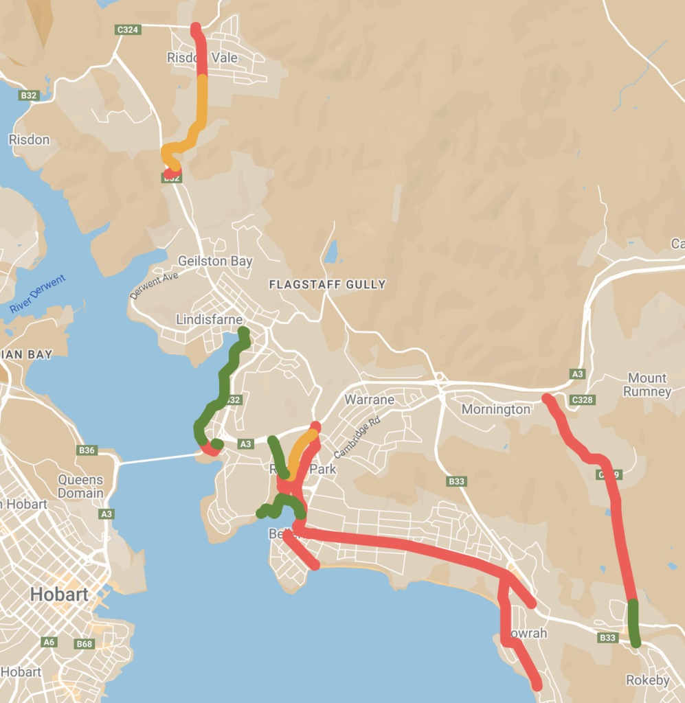 Map showing green, orange and red lines indicating bike paths in Clarence.