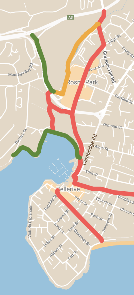 Map showing green, orange and red lines indicating bike paths in the Rosny CBD.