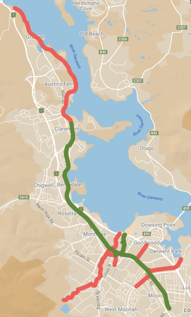 Map showing green, orange and red lines indicating bike paths in Glenorchy.