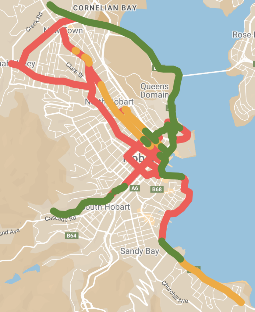 Map showing green, orange and red lines indicating bike paths in Hobart.