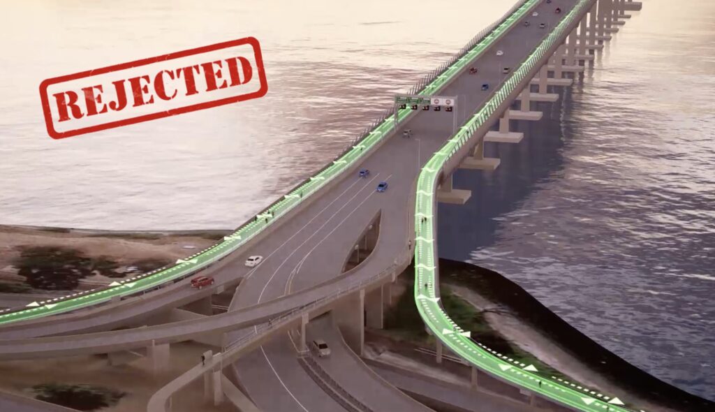 An artist's impression looking down on the western end of the Tasman Bridge. There's wide bidirectional shared paths highlighted in green on each side of the bridge. There's a red REJECTED stamp over the top left corner.