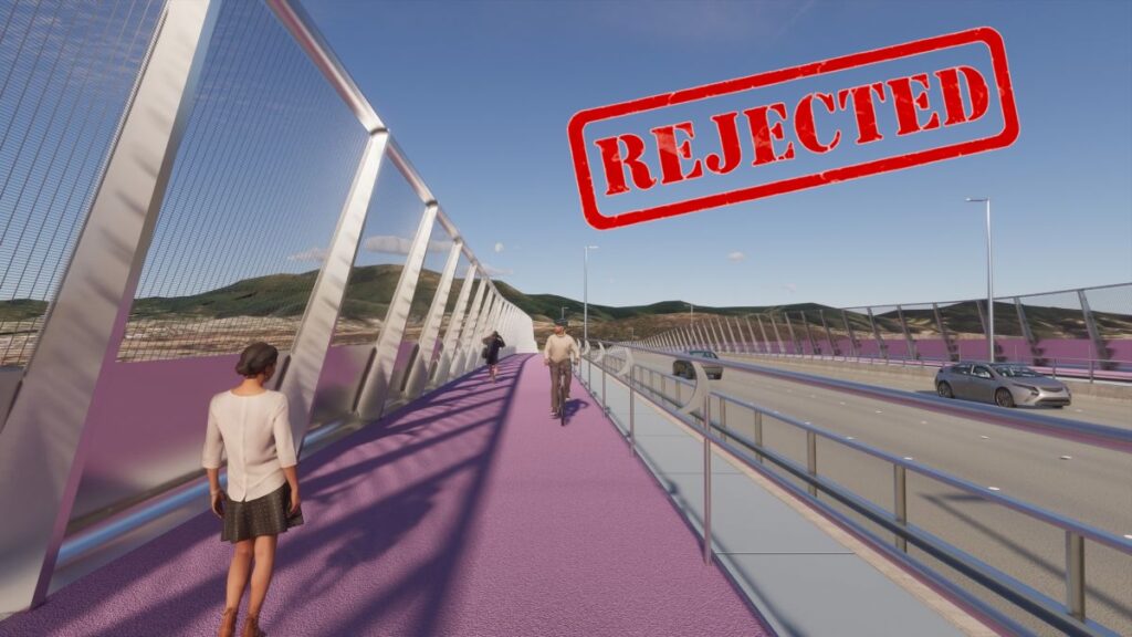 An artist's impression of a path along a bridge. The path is wide and pink with a high fence next to it. There are pedestrians, a cyclist, cars, a river below and hills in the distance. There's a red REJECTED stamp over the top right corner.