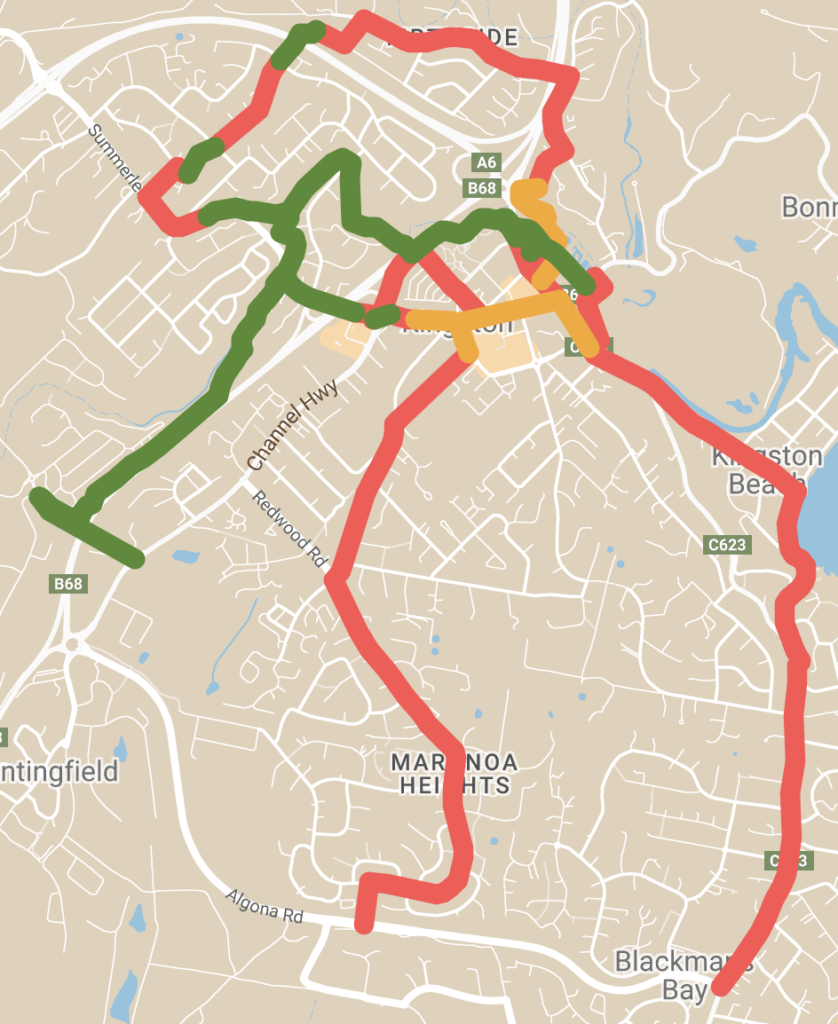 Map showing green, orange and red lines indicating bike paths in Kingborough.